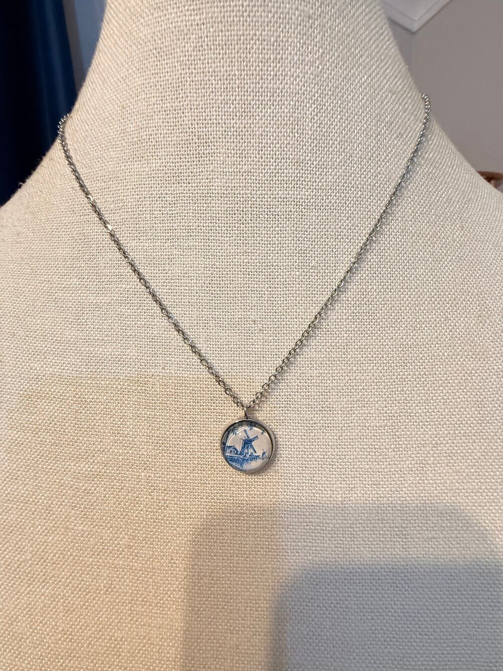 Vintage Delft Style Windmill Pendant Necklace 18”